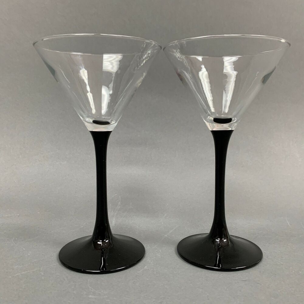 Glasses France Martini Clear Black Stem 6 1/2 Glass Lot of 2‎ - Picture 4 of 5